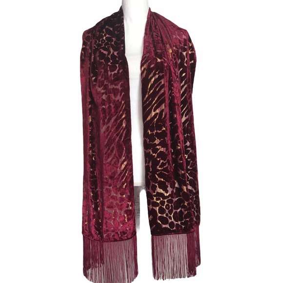 NWT INC Wine Gold Metallic Sheer Velvet Giraffe Animal Tassel Scarf Wrap #MQ2 - Picture 1 of 8